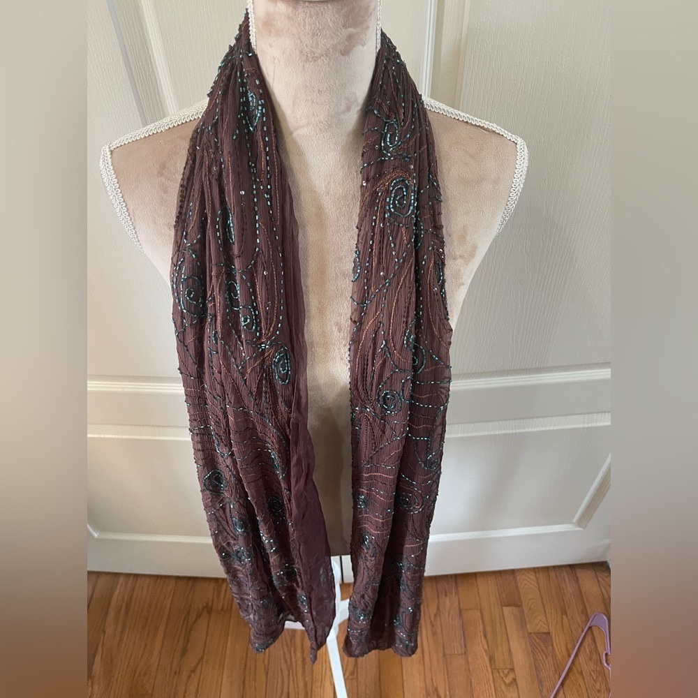 Beaded Brown Sheer Crinkle Scarf with Blue Swirl Embroidery